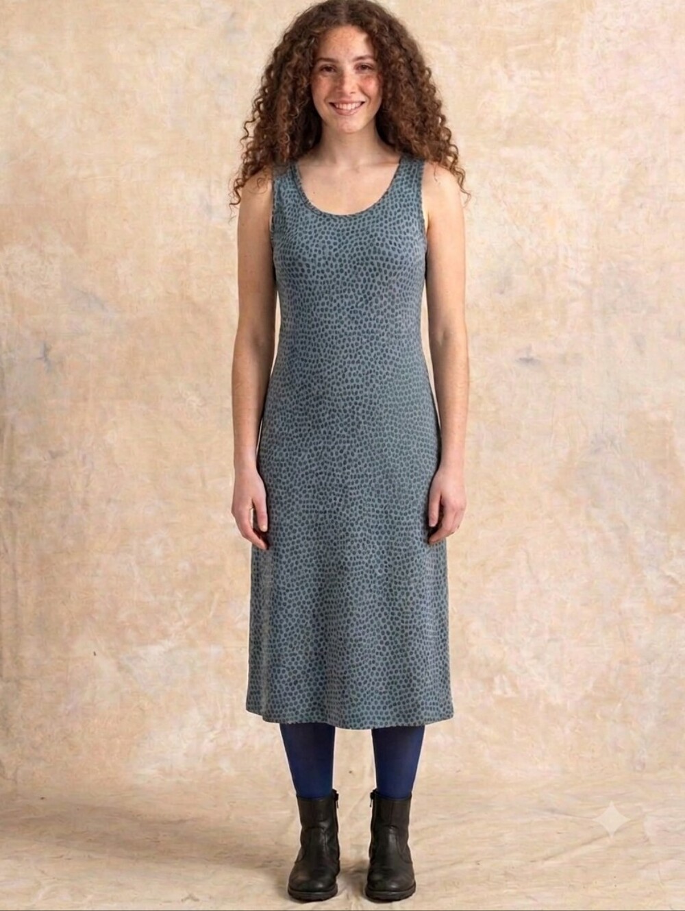 Gudrun Sjoden Blue Purple Spotted Tank Modal Midi Boho Dress Size Medium